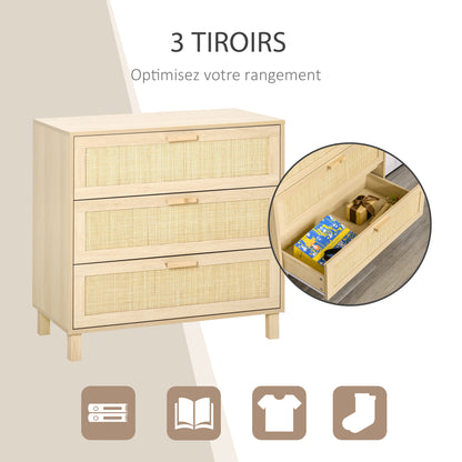 Opbergkast – Ladekast – Commode – Dressoir – Kast Beige – 3 Grote Lades – MDF Met Rotan Fronten