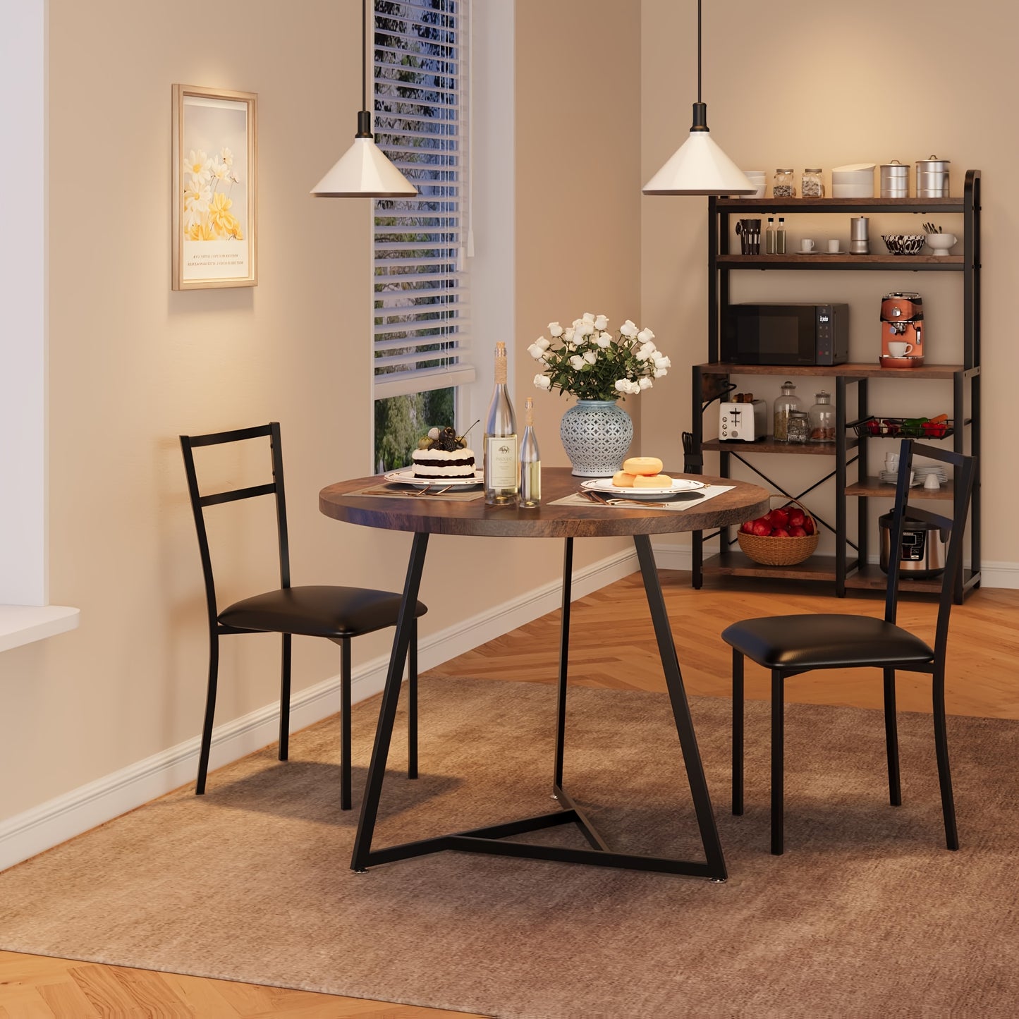 Ronde Eettafelset 2 Personen – Eettafel Rond – Tafel Met Stoelen – Compacte Eettafel – Kleine Eettafelset – Houtlook Tafelblad – Zwart Metalen Onderstel – Ruimtebesparend Ontwerp – Comfortabele Beklede Stoelen