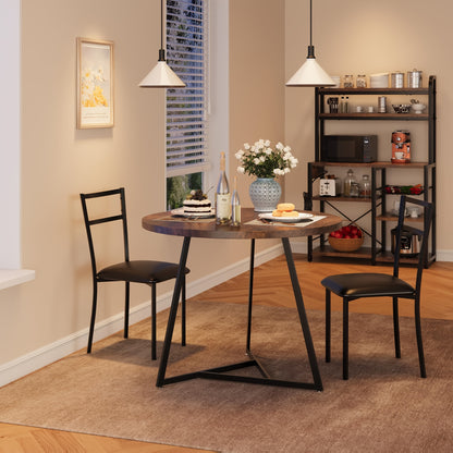 Ronde Eettafelset 2 Personen – Eettafel Rond – Tafel Met Stoelen – Compacte Eettafel – Kleine Eettafelset – Houtlook Tafelblad – Zwart Metalen Onderstel – Ruimtebesparend Ontwerp – Comfortabele Beklede Stoelen