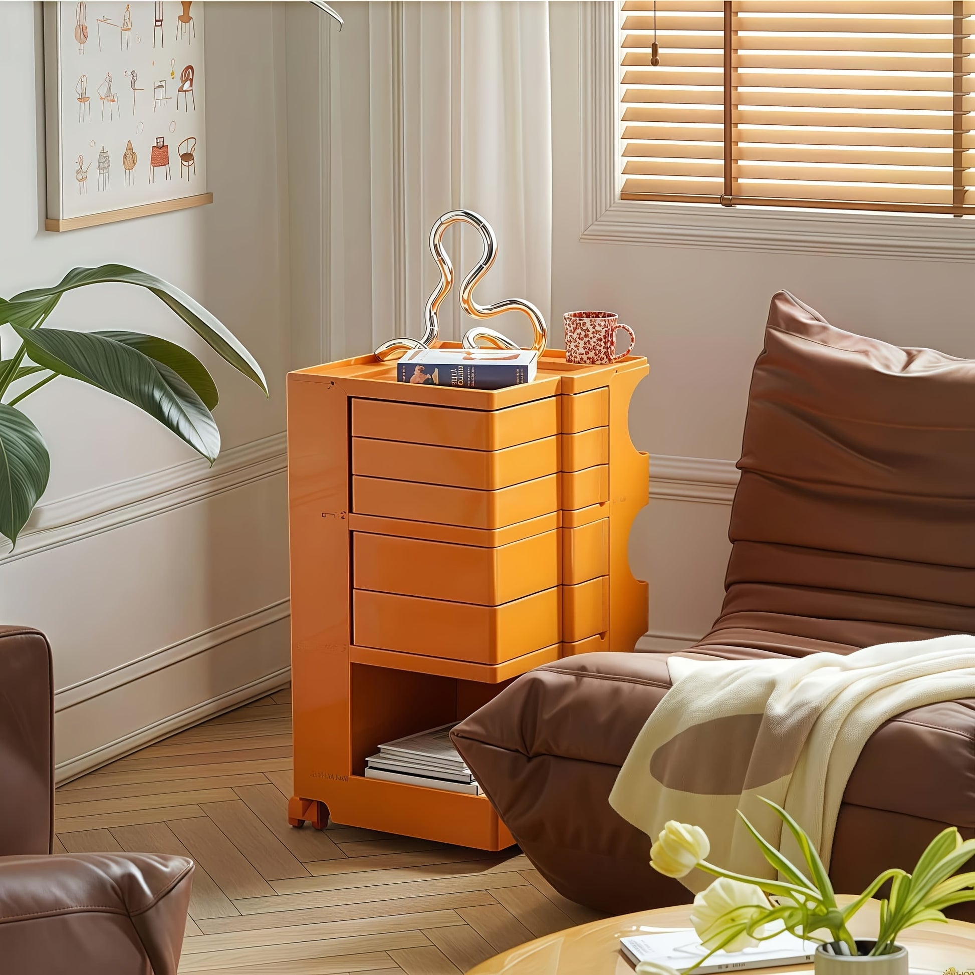 Verrijdbare Opbergkast – Rollende Kast – Organizer – Opbergrekje – Mobiele Kast – Scandinavisch Design – Waterbestendig PVC – Vijf Ruime Schappen – Tangerine - QUORE