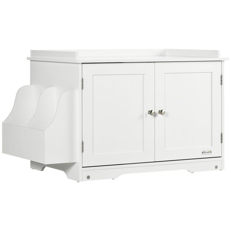 Modern White Cat Litter Box & House with Magnetic Double Door, Partitioned Interior, Side Storage Shelf - Spacious Multi-Functional Cat Enclosure with Ventilation System, Odor Control & Easy-Clean Design, Durable Construction