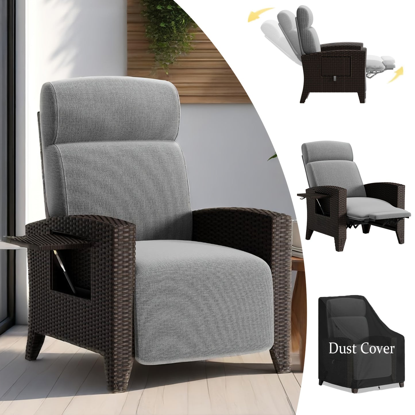 Rattan Tuinstoel – Lounge Stoel – Tuinfauteuil – Buitentstoel – Relaxstoel – Met Opklapbaar Zijtafeltje Rechts – Verstelbare Rugleuning – Stevig Metaalframe Met Memory Foam Kussen