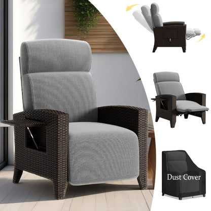 Rattan Tuinstoel – Lounge Stoel – Tuinfauteuil – Buitentstoel – Relaxstoel – Met Opklapbaar Zijtafeltje Rechts – Verstelbare Rugleuning – Stevig Metaalframe Met Memory Foam Kussen