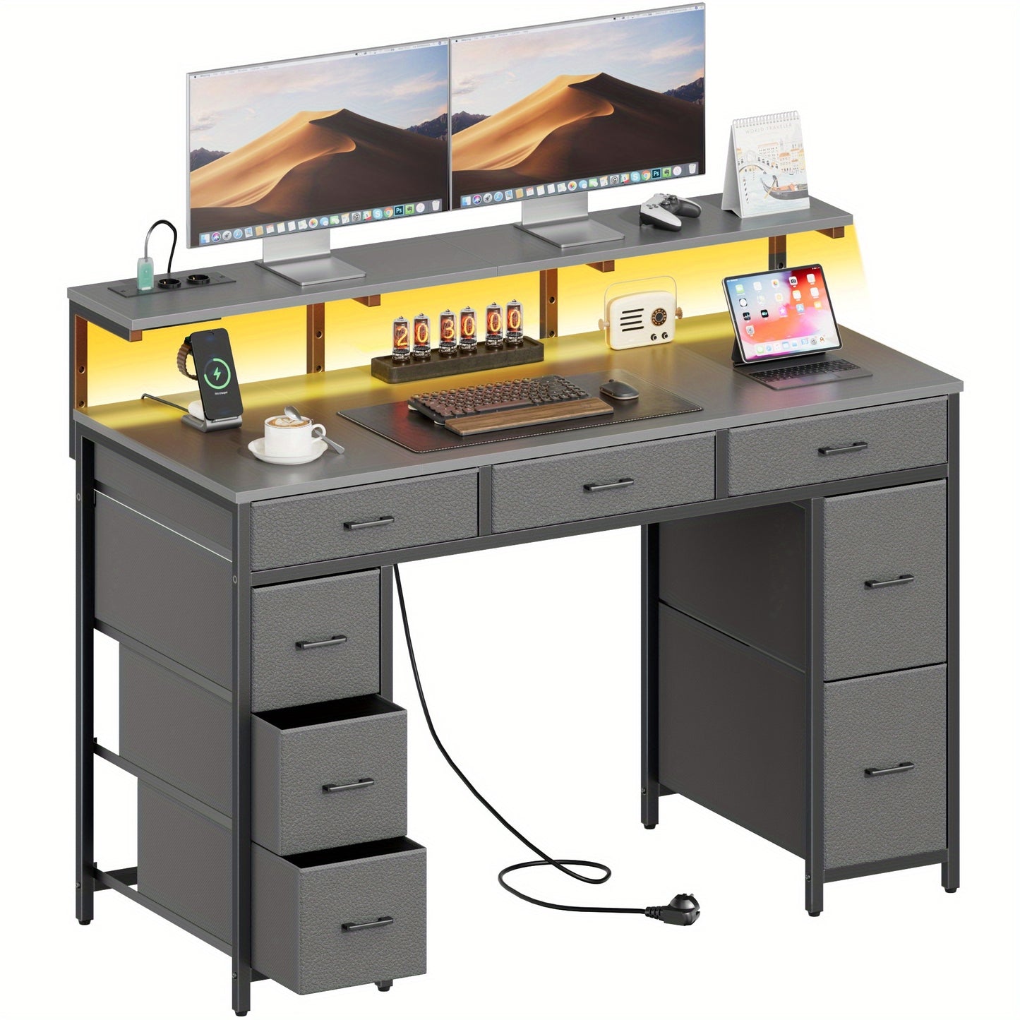Modern Bureau – Werkplek Desk – Gaming Tafel – Computerbureau – Studiebureau – 120 cm Breed – 8 Laden, Ingebouwde Stopcontacten & Verstelbare Monitorstandaard – Stevig Grijs Design