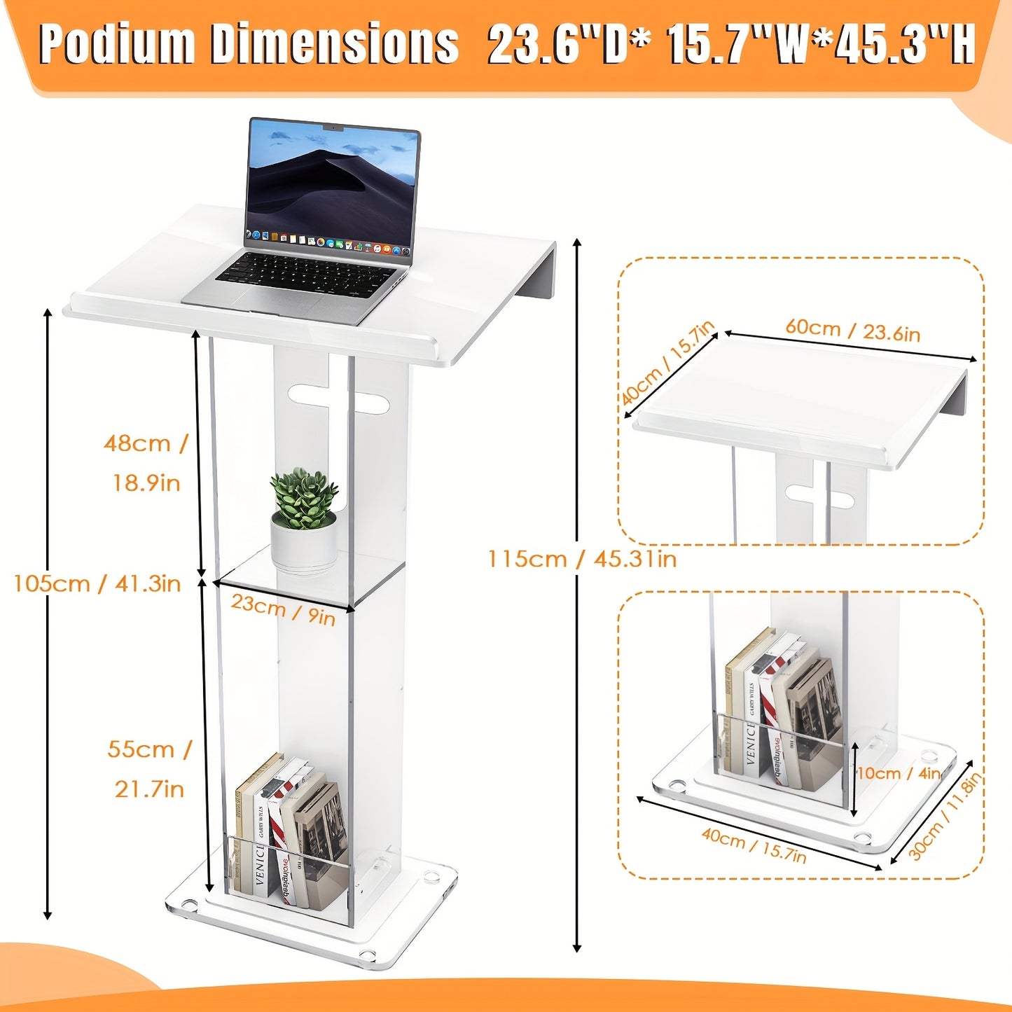 Spreekgestoelte – Podium – Lessenaar – Katheder – Presentatiestand – Acryl 10mm Dikte – Versterkte IJzeren Basis – Schuin Werkblad 60x40 cm