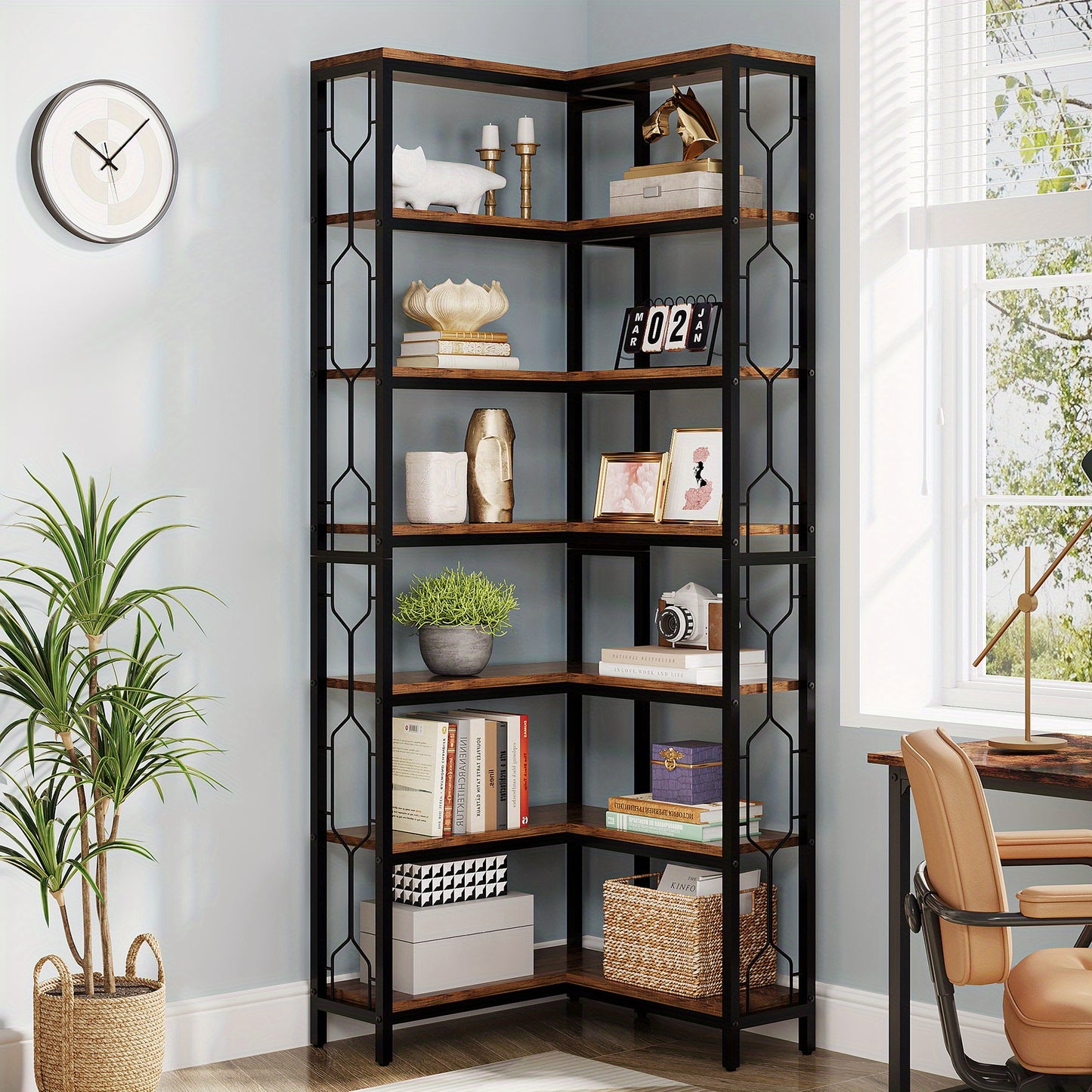 7-Lage Industriële Hoekboekenkast – Boekenkast, Plank, Boekplank, Hoekplank – Houten Planken Met Stalen Frame – Ruimtebesparend Modern Landelijk Design