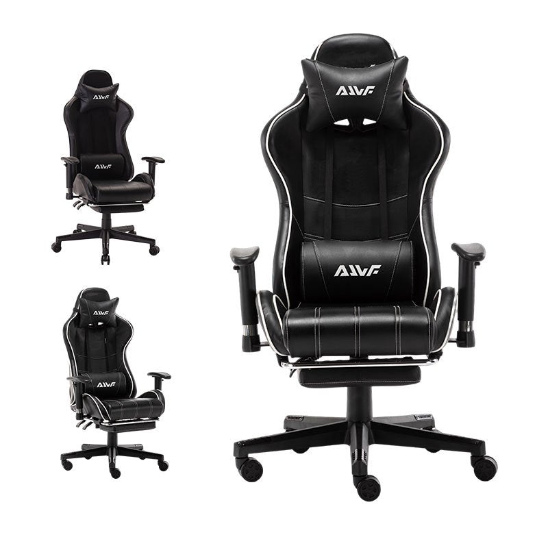 Gamingstoel – Game Stoel – PC Stoel – Bureaustoel – Racestoel – Ergonomische Lendensteun – Verstelbare Rugleuning met Voetensteun – Zwart Wit PU Leder