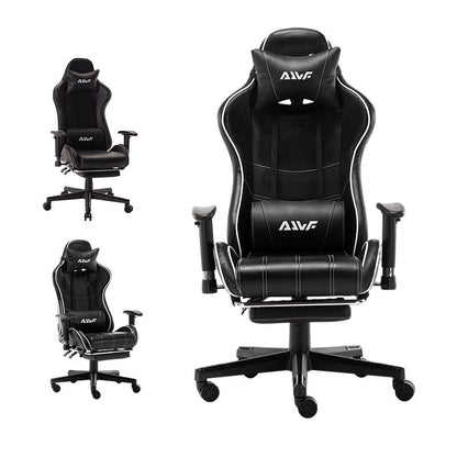 Gamingstoel – Game Stoel – PC Stoel – Bureaustoel – Racestoel – Ergonomische Lendensteun – Verstelbare Rugleuning met Voetensteun – Zwart Wit PU Leder