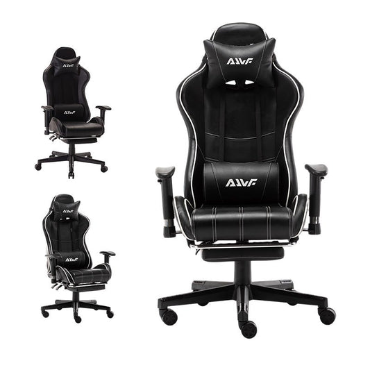 Gamingstoel – Game Stoel – PC Stoel – Bureaustoel – Racestoel – Ergonomische Lendensteun – Verstelbare Rugleuning met Voetensteun – Zwart Wit PU Leder
