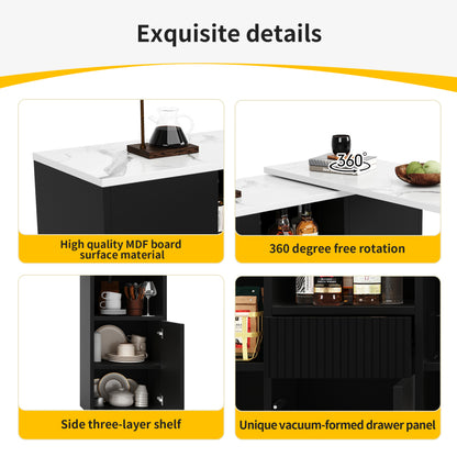 Bartafel – Barkruk Tafel – Keukentafel – Barmeubel – Zwart MDF Design – 360° Draaibaar – 210x30x100,9 cm – Marmerlook Werkblad – Ruime Opbergruimte