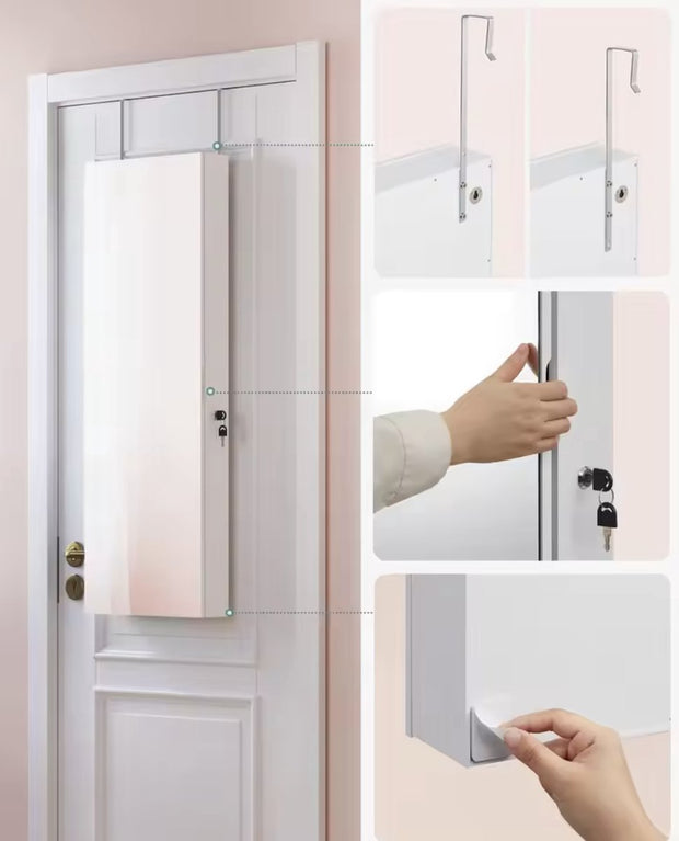 Mirror cabinet - Mirror - Jewelry cabinet - Wall cabinet - Door mounting - Wall mounting - With lock - LED lighting - Shelves - Hooks - Slots for jewelry - White