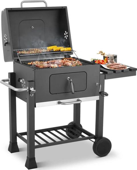 Houtskool BBQ Grillwagen - In Hoogte Verstelbaar - Met Deksel en Thermometer - 113x53,5x100 cm - Voor Camping en Tuin