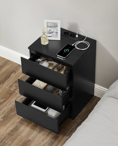 Nachtkastje set van 2 - Slaapkamer - Modern - Ebbenhout zwart - 3 lades - Met stopcontact