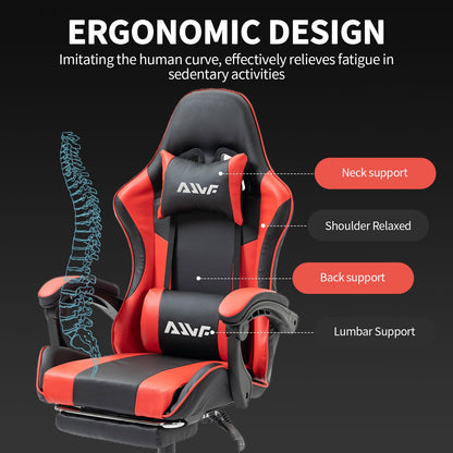 Gaming Bureaustoel – Ergonomische Stoel – Bureaustoel – Kantoorstoel – Gamestoel – Verstelbare Rugleuning – Ingebouwde Lendensteun – Met Voetensteun – 360° Draaibaar – Kunstleren Bekleding – Memory Foam Zitting – Rood