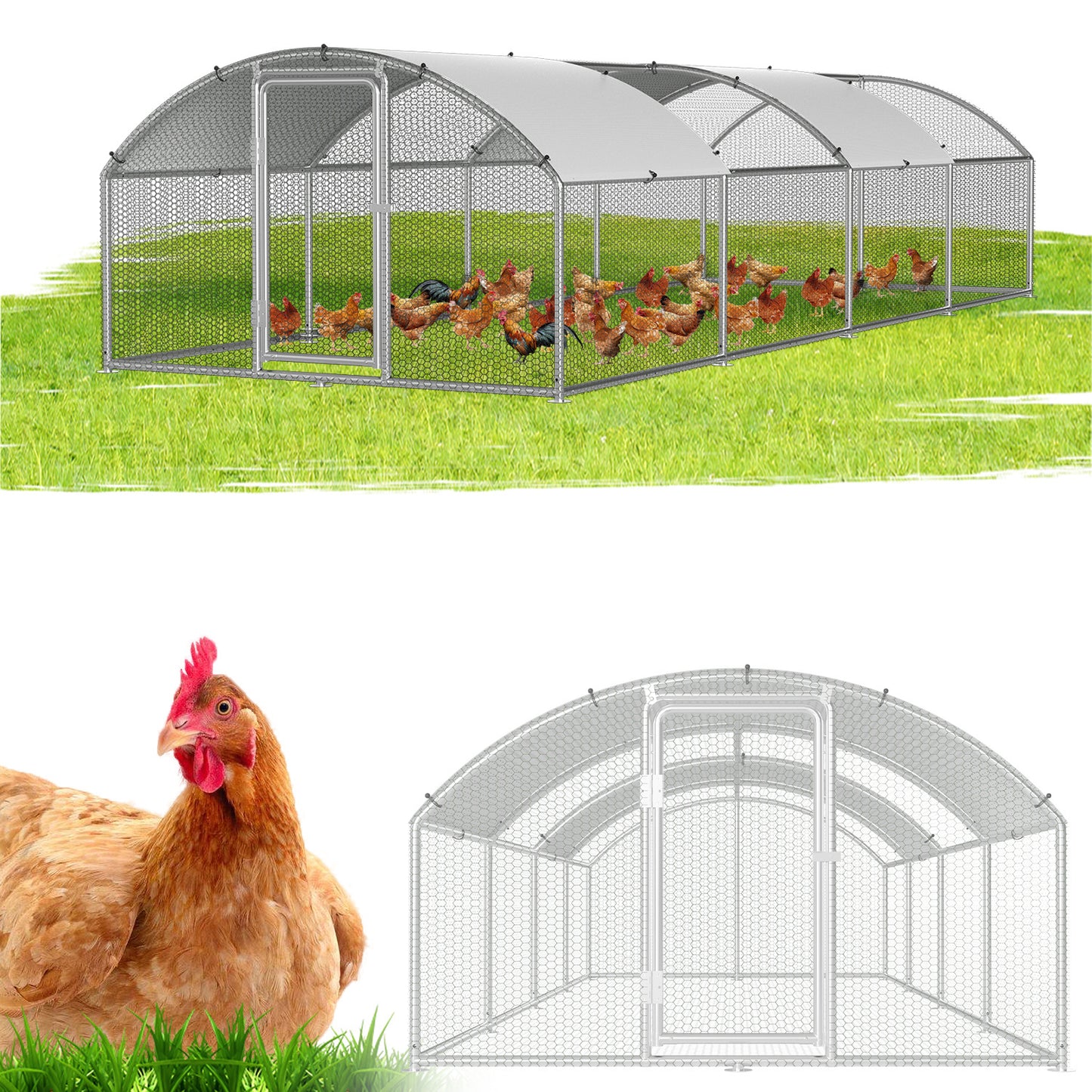 Chicken Coop Free-Range Enclosure, 3X2X2M/3X4X2M/3X6X2M/3X8X2M Galvanized Steel, Chicken House Dome Roof with Lock And Pe-Colored Tarpaulin, Easy to Clean, for Chicken Cage Bird Cage.