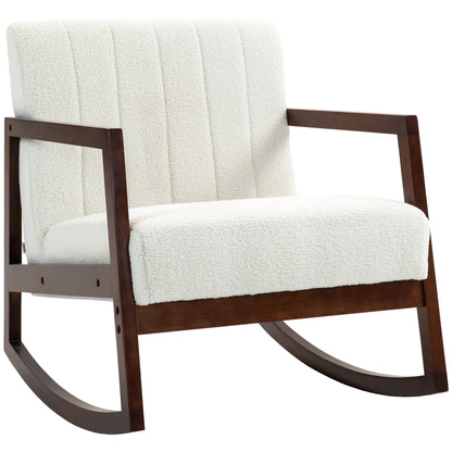 Schommelstoel – Relaxstoel – Fauteuil – Voedingsstoel – Loungestoel – Massief Heveahout Frame – Moderne Witte Wolstof – Antislip Voeten – Gemakkelijk Montage – 67x93x80 cm