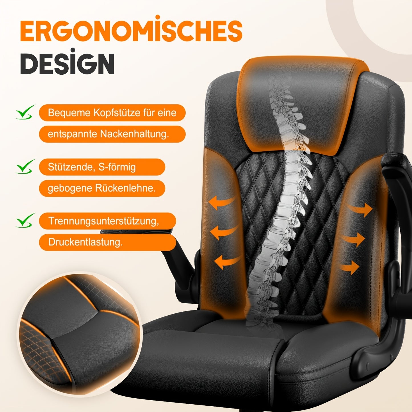 Kaluote Ergonomic Office Chair | Breathable, Softly Padded, 90/120° Rocking, Pressure Relief, Load Capacity Up To 120 Kg, Synthetic Faux Leather, Manual Recliner for Home Office