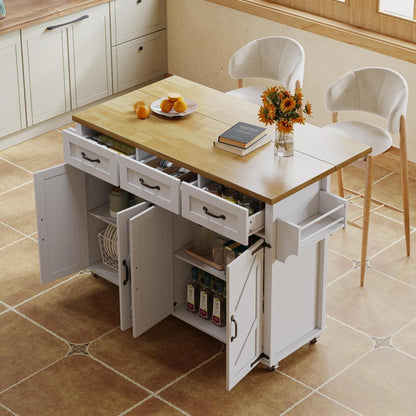White Barn-Style Mobile Kitchen Island with Fold-Down Worktop, Lockable Doors & Drawers, Heavy-Duty Metal Frame, 4-Door with 5-Wheel Lock, Space-Saving Design for Small Kitchens (140x43x90.5cm) - Assembly Required
