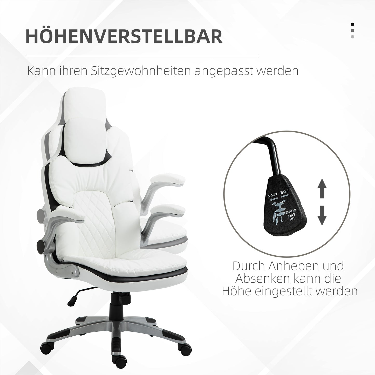 Ergonomische Bureaustoel – Bureaustoel – Kantoorstoel – Werkstoel – Desk Chair – Verstelbare Hoogte – Inklapbare Armleuningen – Kantelbare Rugleuning – Gevoerd PU-Leder – Wit