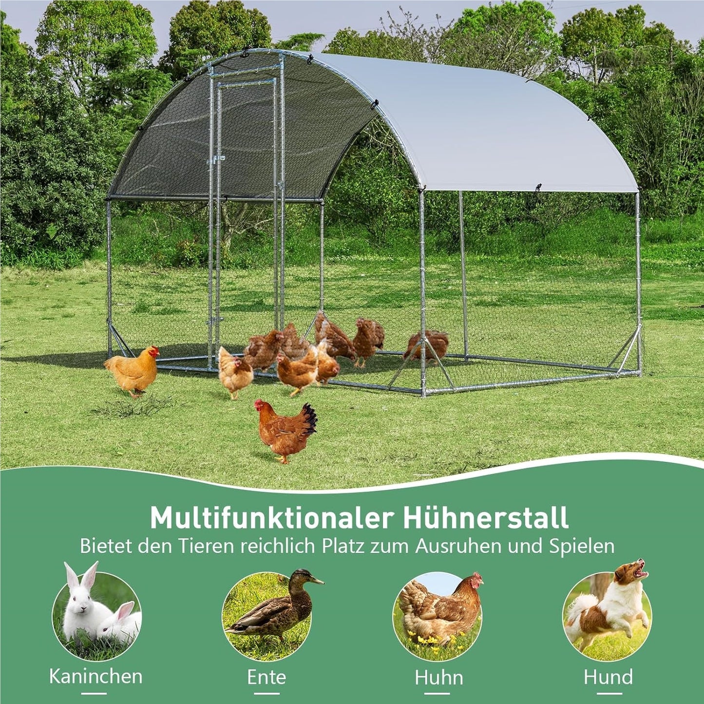 Kippenhok – Kippenren – Kippenkooi – Buitenren – Ren Voor Kleine Dieren – Gegalvaniseerd Metalen Frame – Dome Dak Met Vergrendelbare Deur – 190x280x195 cm