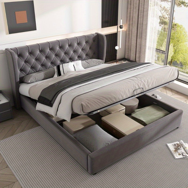 Bedbank – Slaapbank – Bedframe – Opbergbed – Logeerbed – Hydraulisch Opbergbed – Lattenbodem – 140x190 cm – Modern Grijs