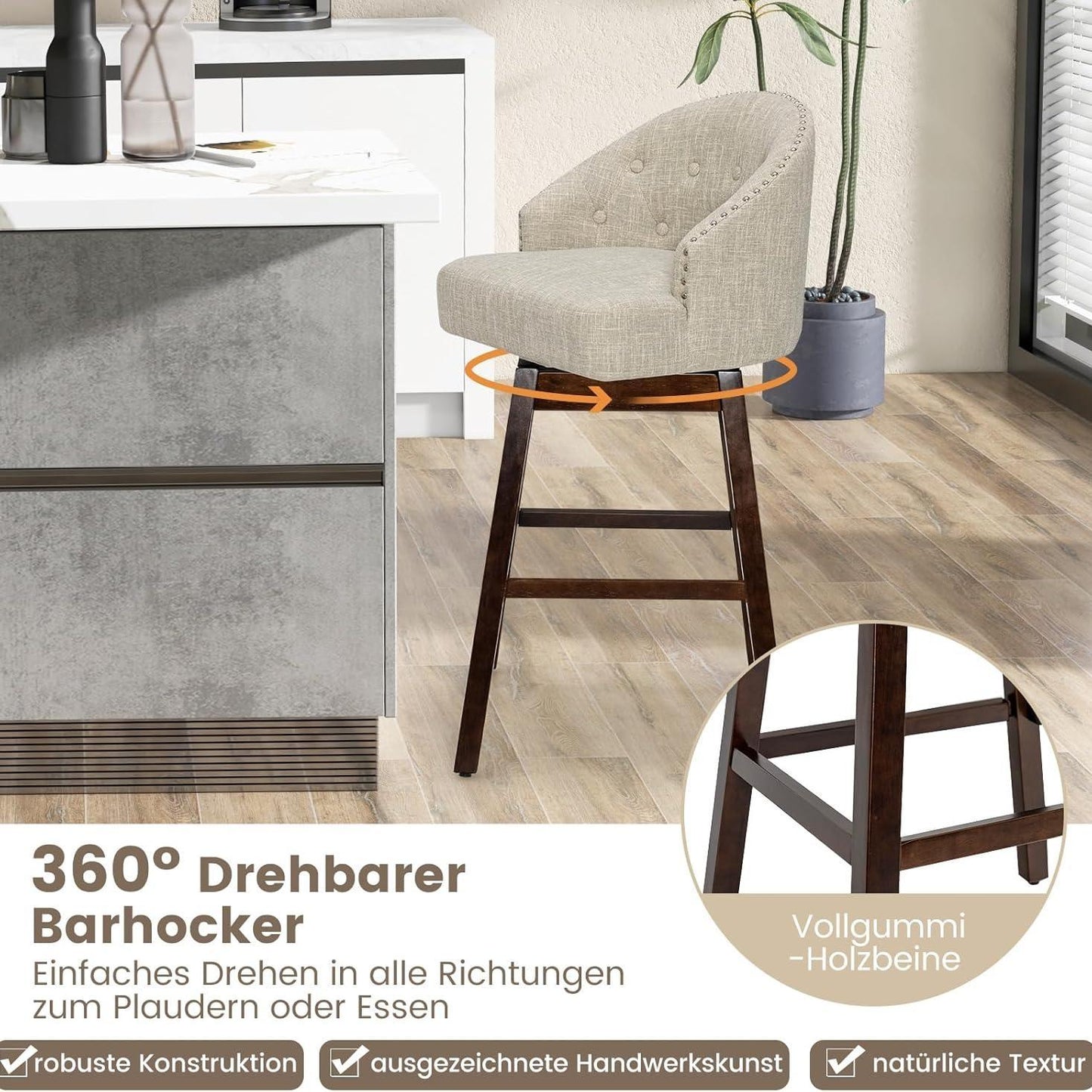 Barkrukken – Barstoelen – Keukenstoelen – Barkruk Set – 2 Stuks – 360° Draaibaar – Ergonomische Rugleuning – Verstelbare Voetensteun – Beige Rubberwood Frame