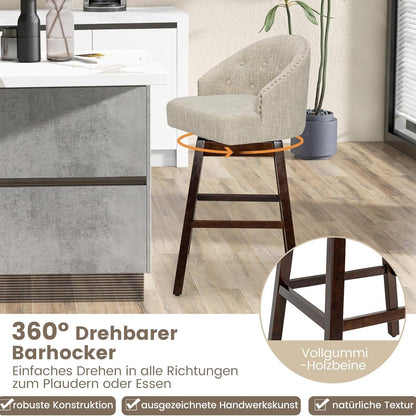 Barkrukken – Barstoelen – Keukenstoelen – Barkruk Set – 2 Stuks – 360° Draaibaar – Ergonomische Rugleuning – Verstelbare Voetensteun – Beige Rubberwood Frame