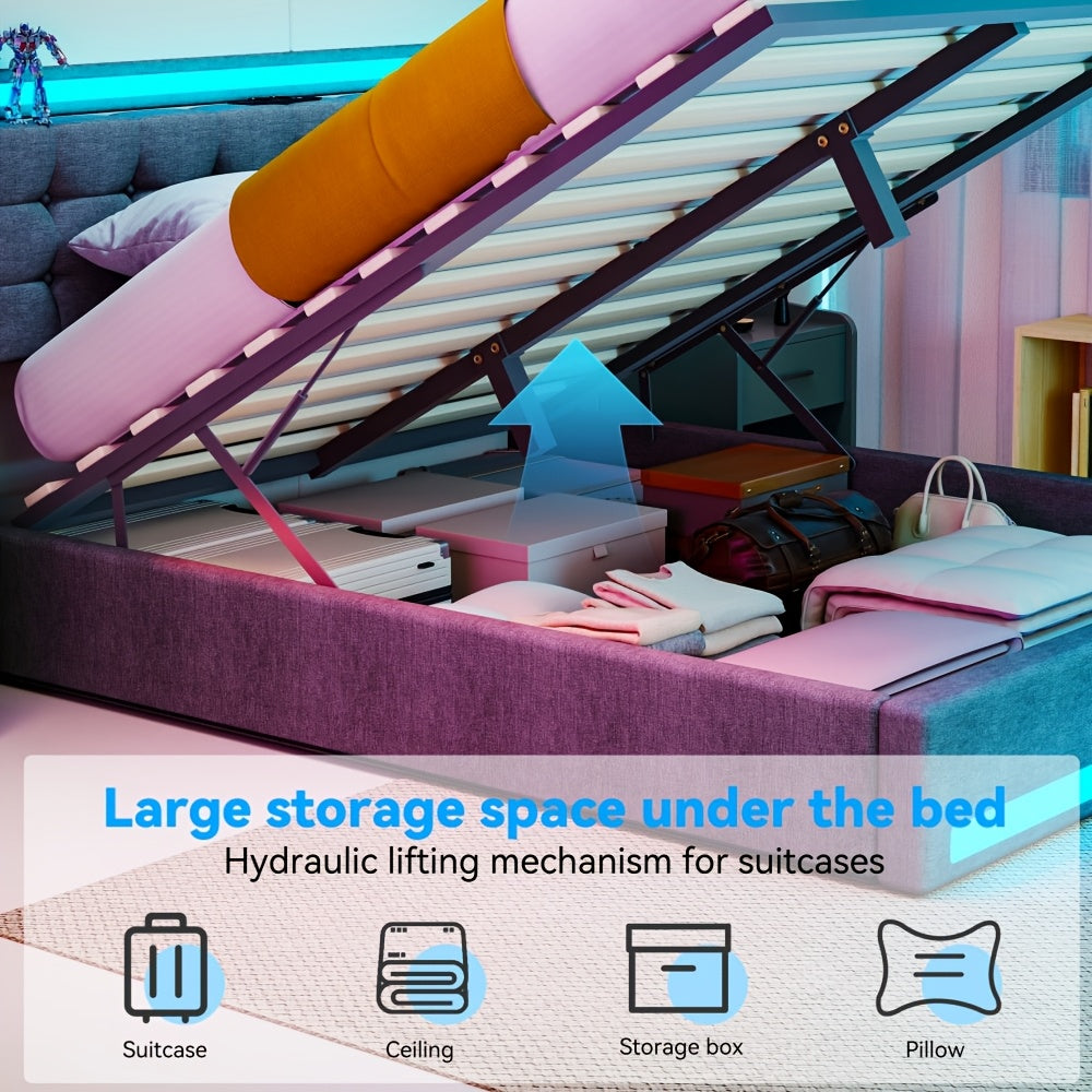 140x200cm/160x200cm Modern Grey Upholstered Ottoman Bed with Hydraulic Lift & Underbed Storage, Surround LED Lighting - Gas Lift Bed Frame Suitable for Small Spaces, Assembly, No Mattress Included