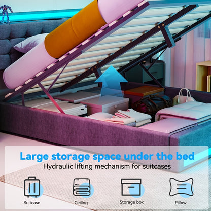 140x200cm/160x200cm Modern Grey Upholstered Ottoman Bed with Hydraulic Lift & Underbed Storage, Surround LED Lighting - Gas Lift Bed Frame Suitable for Small Spaces, Assembly, No Mattress Included