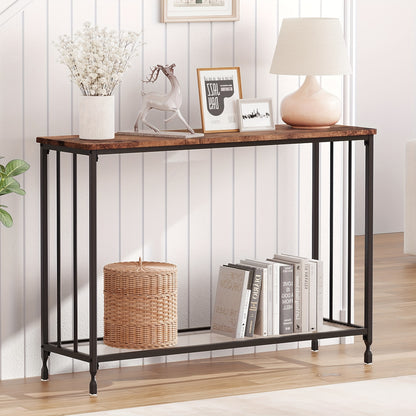 Smalle Sidetable – Smalle Tafel – Console Tafel – Haltafel – Banktafel – Rustiek Bruin – Ruimtebesparend Ontwerp – Stevig Metaal Met Glasplaat