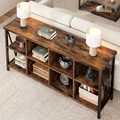 Boekenkast – Vakkenkast – Opbergkast – Boekenrek – Wandkast – 8 Vakken – Rustiek Bruin Hout – Metaal Frame – Laag Ontwerp – Eenvoudige Montage