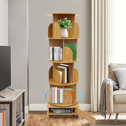 Boekenplank – Boekenrek – Wandplank – Boekenkast – Opbergmeubel – Draaibaar 360° – Massief Hout – 4 Lagen – Verrijdbaar – Compact 46x46x142 cm