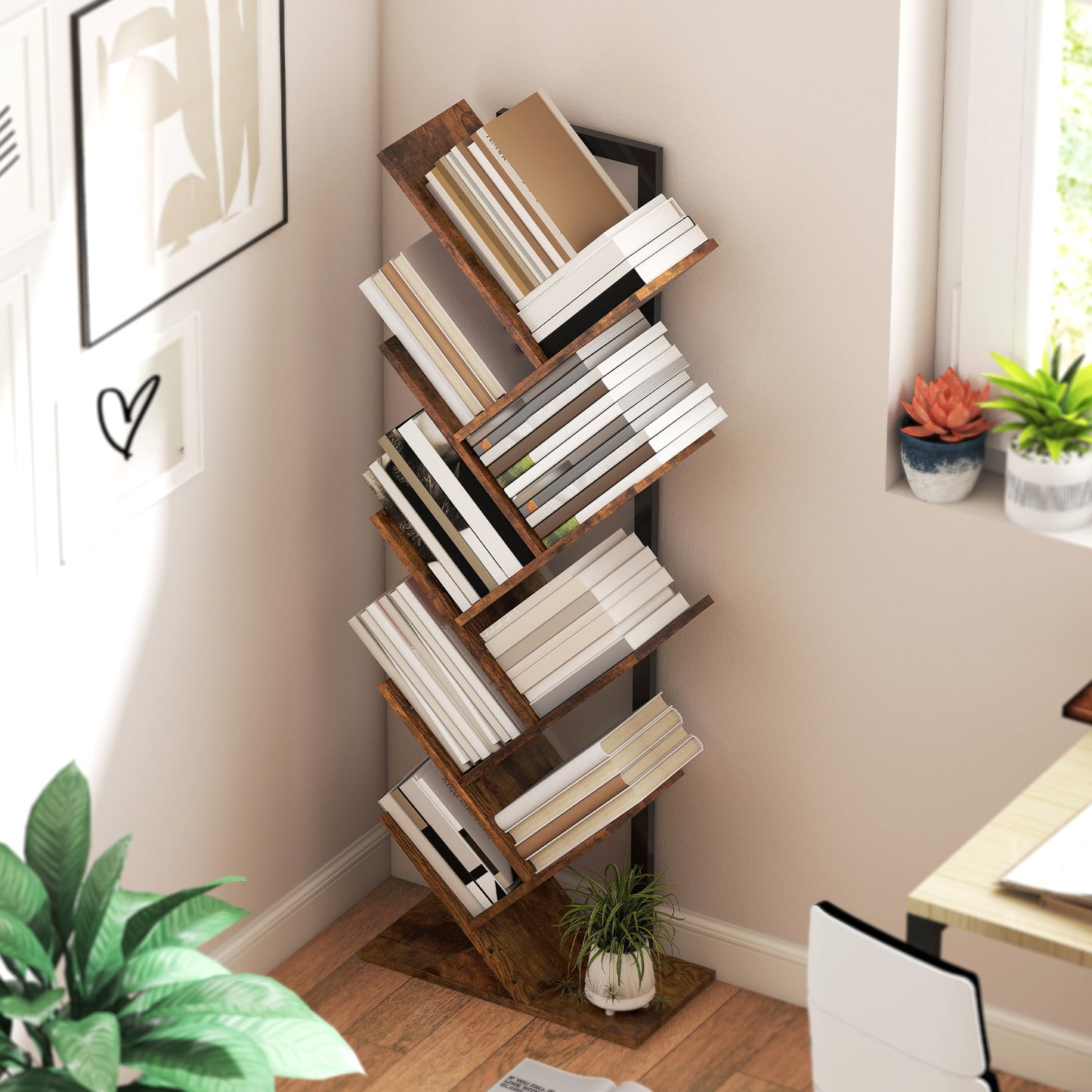 Boekenplank Vloerstaand – Boekrek – Opberger – Boekenhouder – Vakkenkast – Rustiek Bruin – Boomvorm Met 9 Niveaus – Ruimtebesparend Smal Design