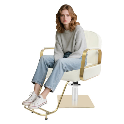 Hair Salon Chair | Height Adjustable, 360° Swivel, Golden Stainless Steel Square Base and Round Tube Footrest - Beige, NaMaSyo Brand