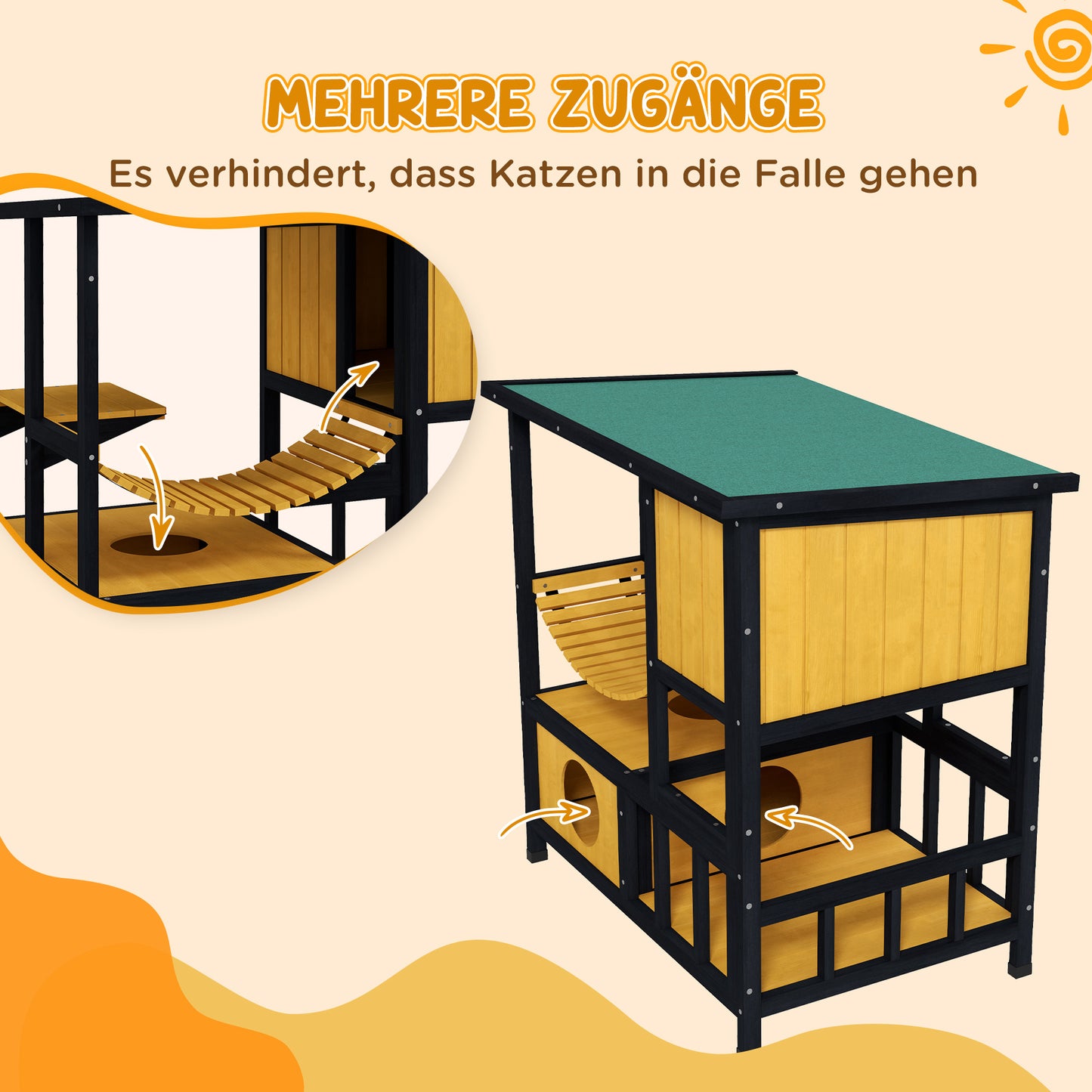 Kattenhuis – Kattenhok – Kattenverblijf – Kattenhut – Buitenhuis – Weerbestendig Hout – Speelplatform & Loopbrug – Groen + Nature – 84,5 x 60 x 88 cm