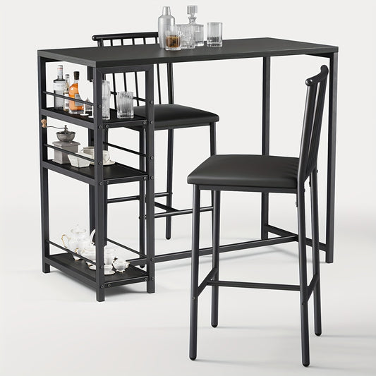 Eettafelset – Eetkamerset – Keukentafelset – Bistroset – Tafel met Stoelen – Compact Ontwerp – Hardhouten Constructie – Donkerbruin/Zwart – Met Opberglade en Gestoffeerde Rugleuningstoelen