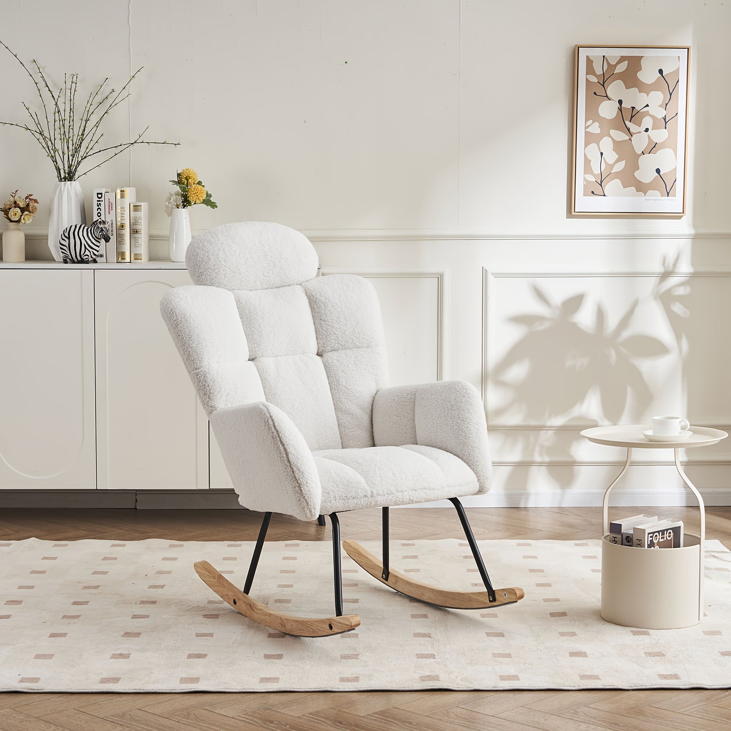 Draaifauteuil – Fauteuil – Relaxstoel – Schommelstoel – Lounge Chair – Wit – Zachte Teddy Bekleding – Massief Houten Frame