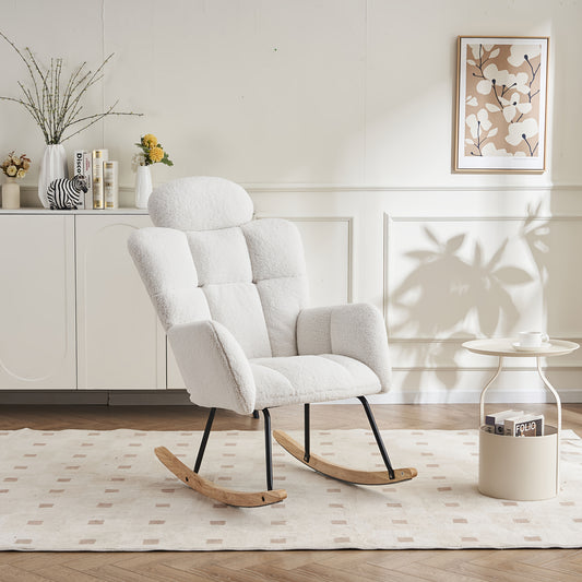 Draaifauteuil – Fauteuil – Relaxstoel – Schommelstoel – Lounge Chair – Wit – Zachte Teddy Bekleding – Massief Houten Frame