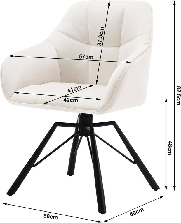 Draaibare eetkamerstoel - Fluwelen Beklede Stoel - Brede Zitting - Ergonomisch Ontwerp - 58.5cm x 82.5cm x 54.5cm - Wit