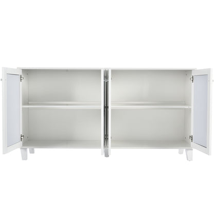 Sideboard – Dressoir – Kast – Opbergkast – Buffetkast – Wit Met Spiegeldeuren – Kristallen Handgrepen – 160x40x84 Cm – Verstelbare Binnenplank