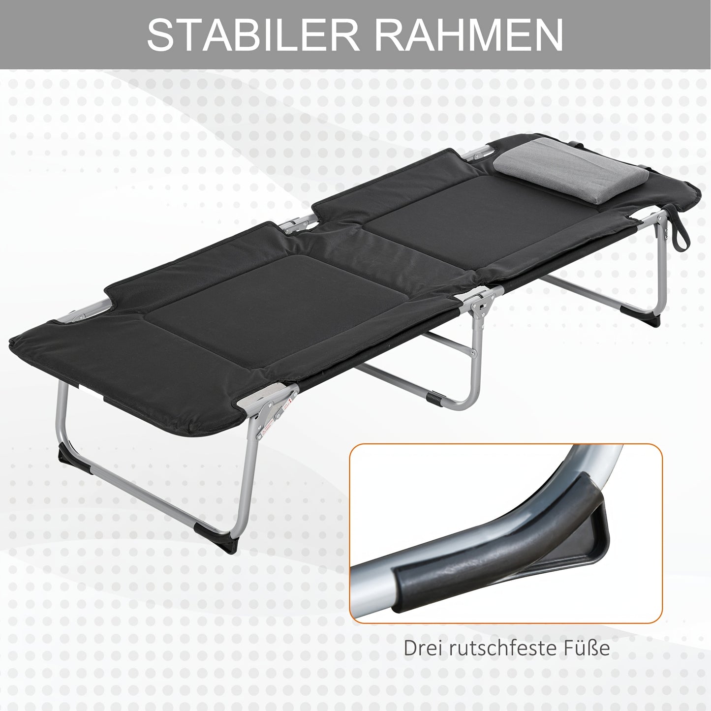 Campingbed – Reisbed – Buitenbed – Inklapbaar – Ligbed – Lichtgewicht – Met Kussen – Met Stevig Metalen Frame – 183x66x33 cm – Zwart/Zilveren Design