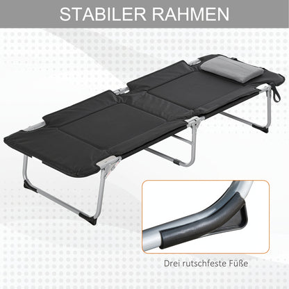 Campingbed – Reisbed – Buitenbed – Inklapbaar – Ligbed – Lichtgewicht – Met Kussen – Met Stevig Metalen Frame – 183x66x33 cm – Zwart/Zilveren Design