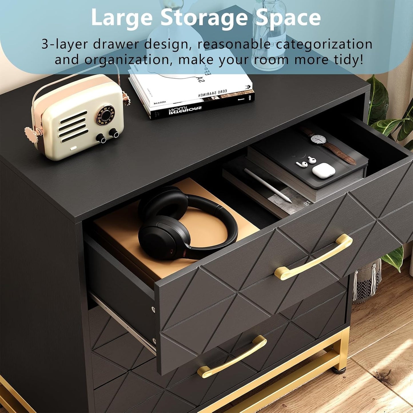 Ladeblok – Ladekast – Archiefkast – Rolcontainer – Bureaukast – Modern Wit Ladeblok Met Gouden Handgrepen – Metalen Constructie En 3 Ruime Lades