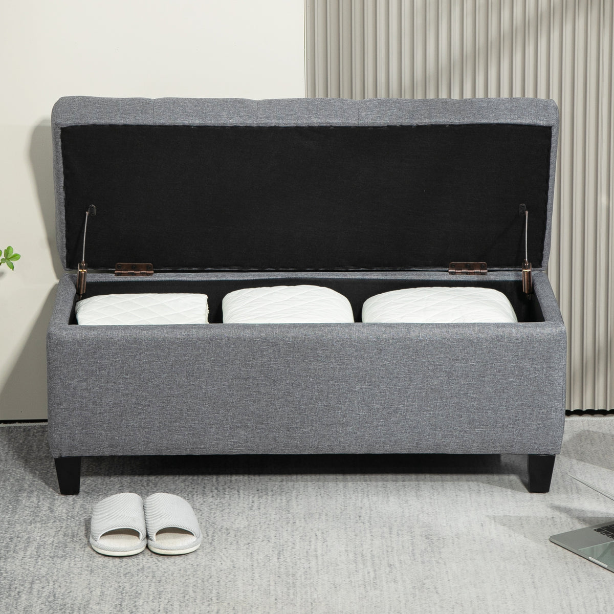 Bench, Upholstered Bench with Storage, Linen-Like Polyester, Rubberwood, 100 X 40 X 44 Cm, Light Grey