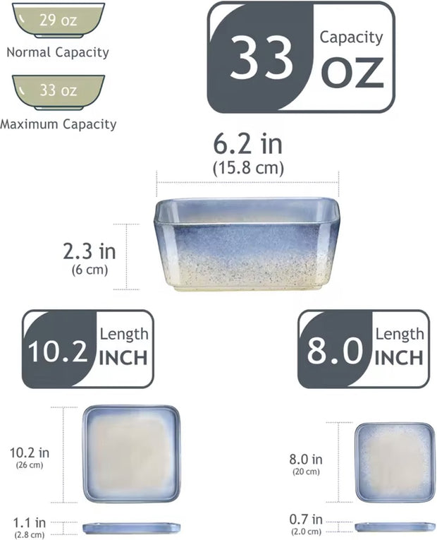 Dinnerware set white/blue - Ceramic - Square - Nevel - 4 large plates - 4 small plates - 4 bowls - 12 pieces - White - Blue