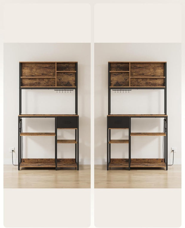 Keukenplank met stopcontacten - Staande plank - Magnetronplank - Verstelbare planken - Stoffen lade 12 haken - 40 x 100 x 180 cm - Magnetron Keuken - Vintage Bruin - Inkt Zwart