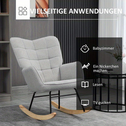 Schommelstoel – Schommelstoel Retro – Schommelstoel Hout – Loungestoel – Schommelstoel Ergonomisch – Stevig Massief Hout – Comfortabele Lichtgrijze Bekleding – Compact 71x92x101 cm