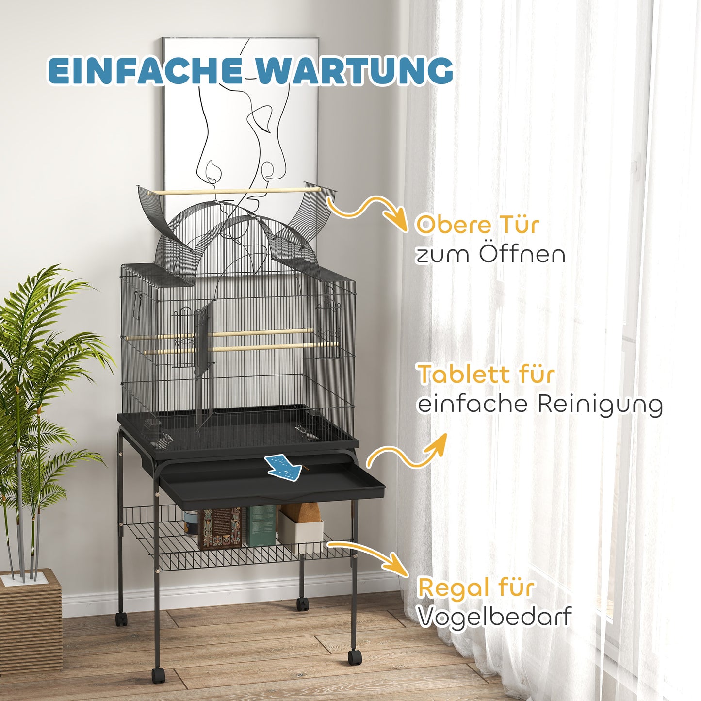 Vogelkooi – Parkietenkooi – Kanariekooi – Papegaaienkooi – Volière – Stalen Kooi – Wieltjes met Remmen – Uitneembare Lade 63x53x144 cm Zwart