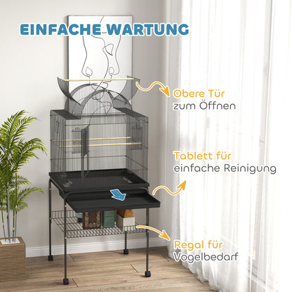 Vogelkooi – Parkietenkooi – Kanariekooi – Papegaaienkooi – Volière – Stalen Kooi – Wieltjes met Remmen – Uitneembare Lade 63x53x144 cm Zwart