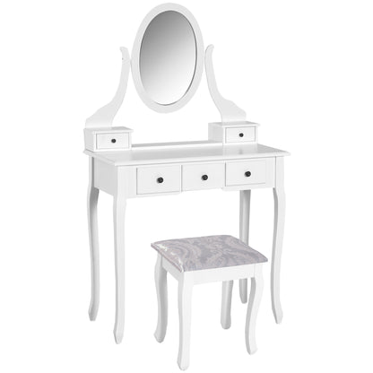 Kaptafel – Make-uptafel – Sieradentafel – Make-upmeubel – Kaptafelset Wit – 5 Ruime Laden – Massief Dennenhouten Poten